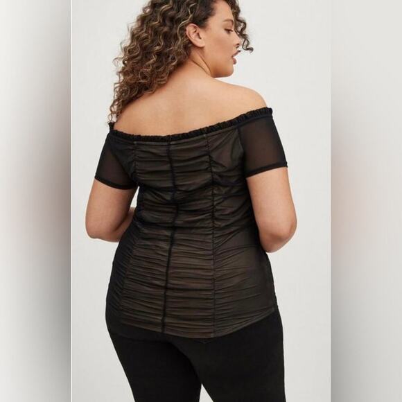 NWT Torrid Ruched Off-Shoulder Short Sleeve Mesh Top Black Nude 0/L/12 $39.50 - Picture 4 of 11